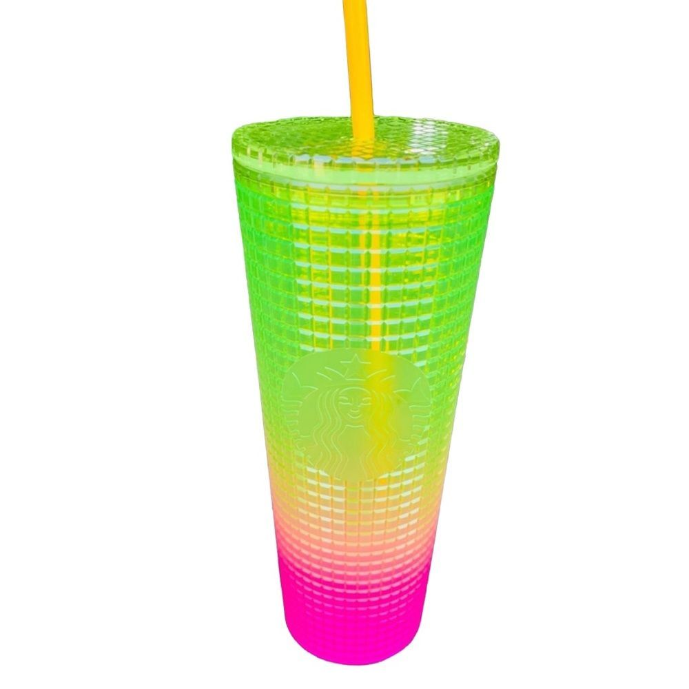 Starbucks New Summer 2022  Gradient grid Lemon yellow/pink 24oz cold cup
